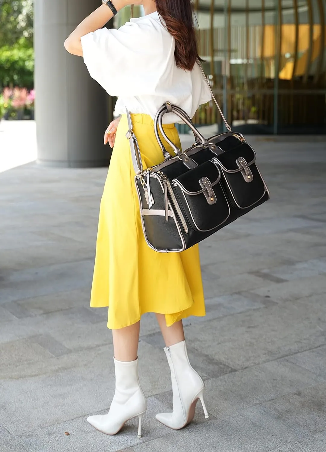 MKF Collection Color Block Duffle Bag for Women Fashion, Designer Vegan Leather Large Ladies Stylish Weekender Carry-on bag