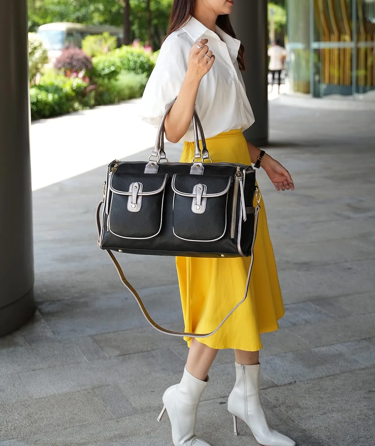 MKF Collection Color Block Duffle Bag for Women Fashion, Designer Vegan Leather Large Ladies Stylish Weekender Carry-on bag