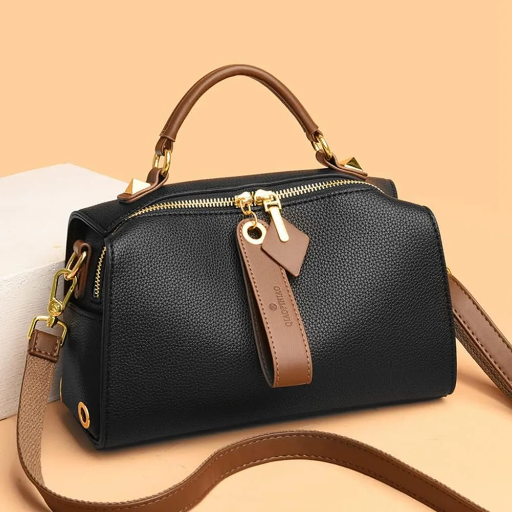 Mn&Sue Barrel Purses for Women Medium Size Leather Handbag Ladies Satchel Fashion Crossbody Bags with Convertible Strap