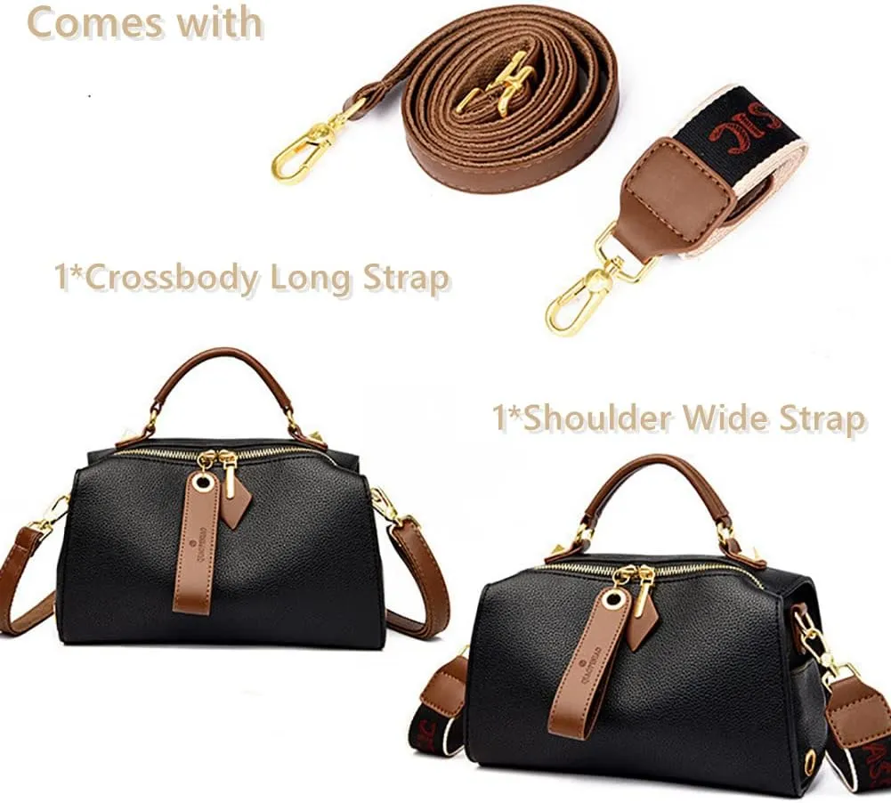 Mn&Sue Barrel Purses for Women Medium Size Leather Handbag Ladies Satchel Fashion Crossbody Bags with Convertible Strap