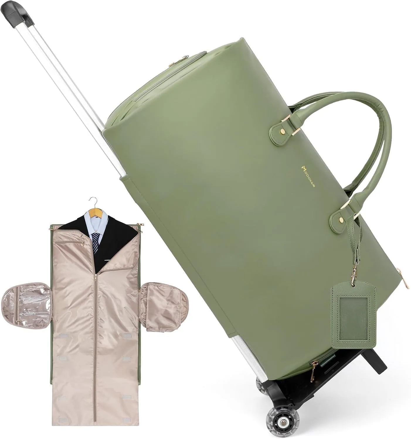 Modoker Rolling Garment Bags with Wheels, Women Garment Duffel Bag for Travel, PU Leather Convertible Garment Bag with Trollery Suit Luggage Bag (Green)
