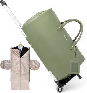 Modoker Rolling Garment Bags with Wheels, Women Garment Duffel Bag for Travel, PU Leather Convertible Garment Bag with Trollery Suit Luggage Bag (Green)