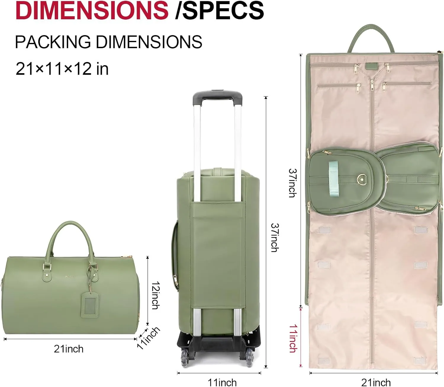 Modoker Rolling Garment Bags with Wheels, Women Garment Duffel Bag for Travel, PU Leather Convertible Garment Bag with Trollery Suit Luggage Bag (Green)