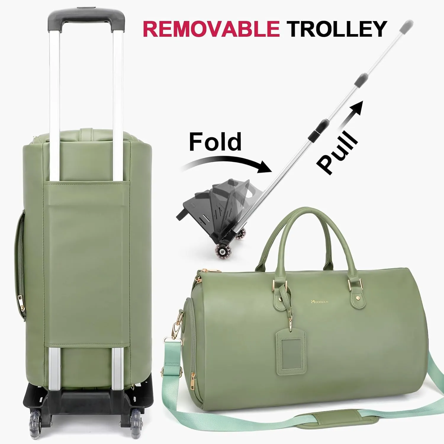 Modoker Rolling Garment Bags with Wheels, Women Garment Duffel Bag for Travel, PU Leather Convertible Garment Bag with Trollery Suit Luggage Bag (Green)