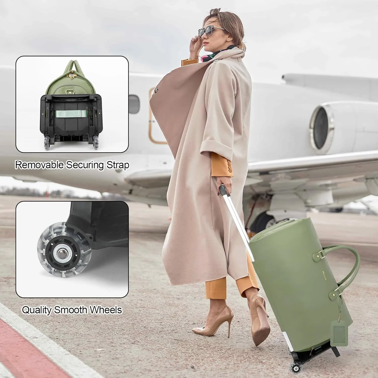 Modoker Rolling Garment Bags with Wheels, Women Garment Duffel Bag for Travel, PU Leather Convertible Garment Bag with Trollery Suit Luggage Bag (Green)