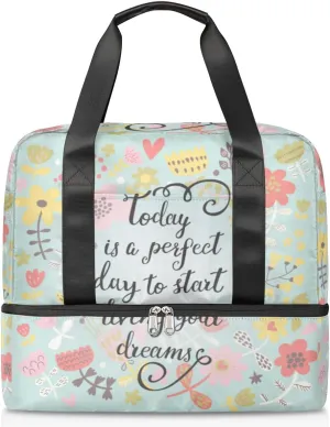 Motivational Quotes Travel Bag Double Tier Zip Closure Weekender Bag with Leather Handle Waterproof Sports Tote Gym Bag for Swim Beach Gym Yoga