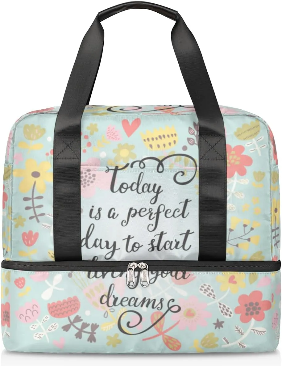 Motivational Quotes Travel Bag Double Tier Zip Closure Weekender Bag with Leather Handle Waterproof Sports Tote Gym Bag for Swim Beach Gym Yoga