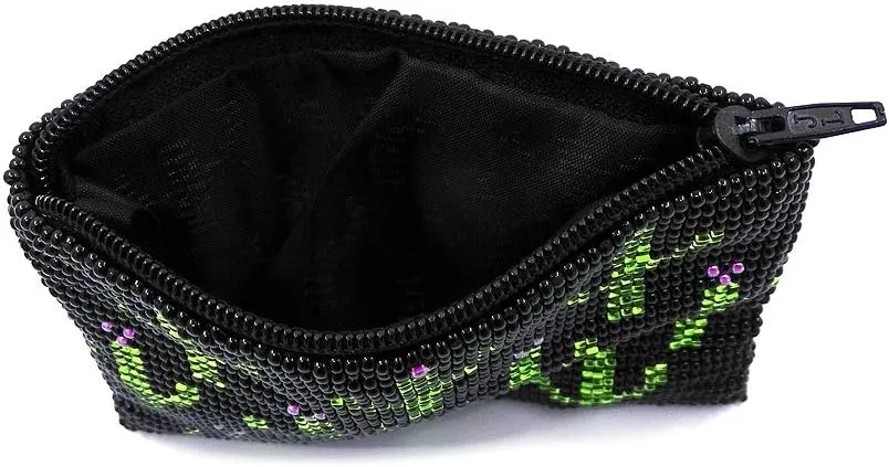 Multi Saguaro Cactus Pattern Czech Glass Seed Beaded Coin Purse Zipper Pouch - Womens Fashion Handmade Bags Boho Travel Accessories (Black)