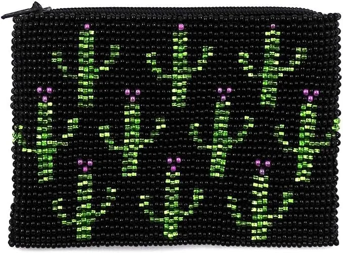 Multi Saguaro Cactus Pattern Czech Glass Seed Beaded Coin Purse Zipper Pouch - Womens Fashion Handmade Bags Boho Travel Accessories (Black)