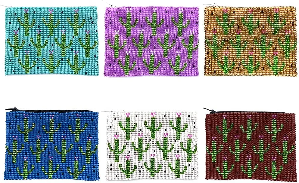 Multi Saguaro Cactus Pattern Czech Glass Seed Beaded Coin Purse Zipper Pouch - Womens Fashion Handmade Bags Boho Travel Accessories (Black)