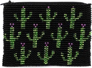 Multi Saguaro Cactus Pattern Czech Glass Seed Beaded Coin Purse Zipper Pouch - Womens Fashion Handmade Bags Boho Travel Accessories (Black)