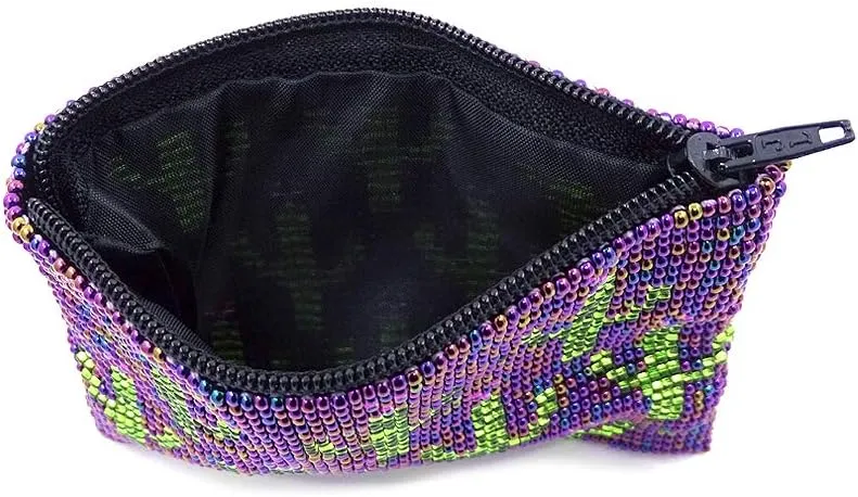 Multi Saguaro Cactus Pattern Czech Glass Seed Beaded Coin Purse Zipper Pouch - Womens Fashion Handmade Bags Boho Travel Accessories (Iridescent Purple)