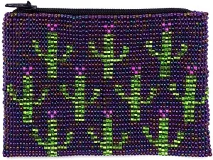 Multi Saguaro Cactus Pattern Czech Glass Seed Beaded Coin Purse Zipper Pouch - Womens Fashion Handmade Bags Boho Travel Accessories (Iridescent Purple)