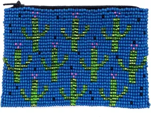 Multi Saguaro Cactus Pattern Czech Glass Seed Beaded Coin Purse Zipper Pouch - Womens Fashion Handmade Bags Boho Travel Accessories (Light Blue)