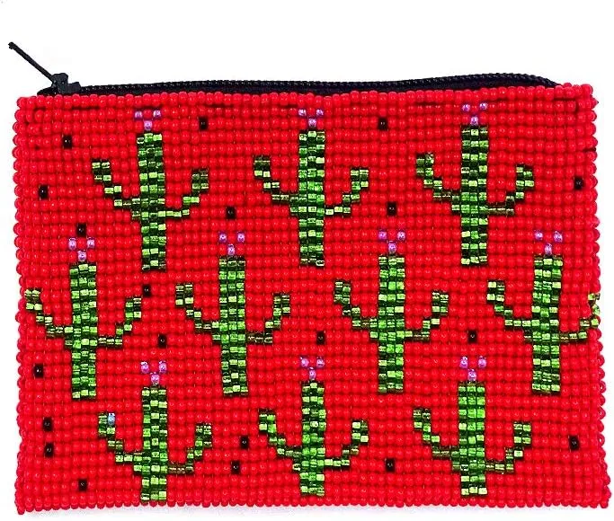 Multi Saguaro Cactus Pattern Czech Glass Seed Beaded Coin Purse Zipper Pouch - Womens Fashion Handmade Bags Boho Travel Accessories (Red)