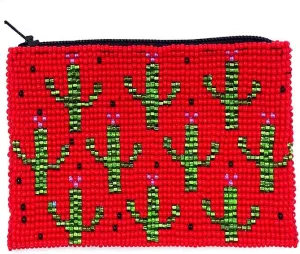 Multi Saguaro Cactus Pattern Czech Glass Seed Beaded Coin Purse Zipper Pouch - Womens Fashion Handmade Bags Boho Travel Accessories (Red)