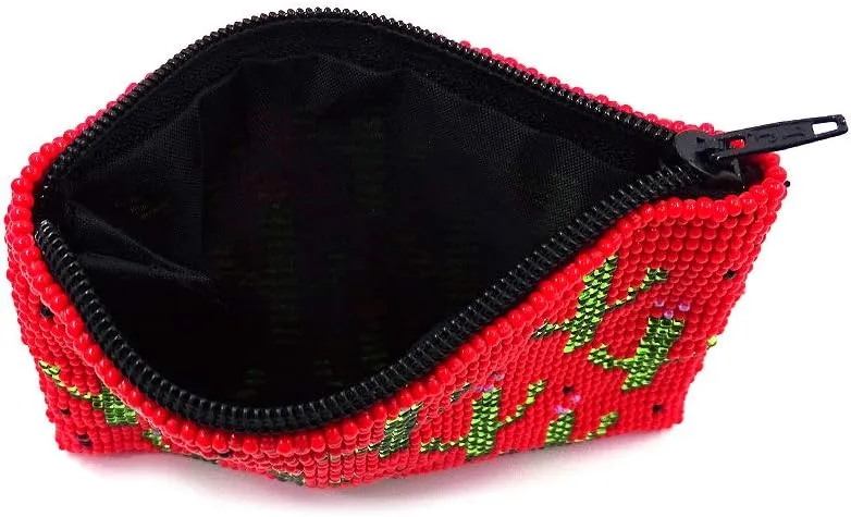 Multi Saguaro Cactus Pattern Czech Glass Seed Beaded Coin Purse Zipper Pouch - Womens Fashion Handmade Bags Boho Travel Accessories (Red)