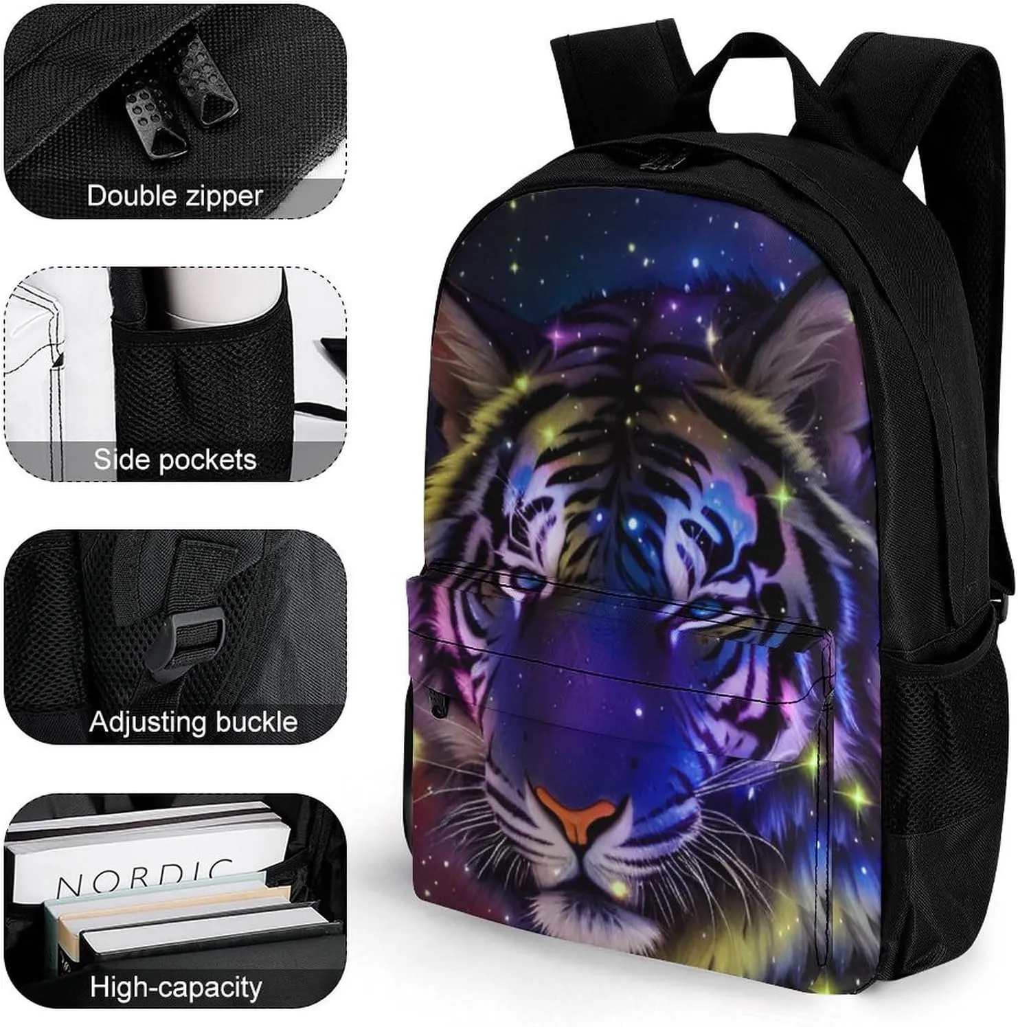 Mystic Fantasy Galaxy Sky Fantasy Wild Animals Tiger Art Rucksacks Polyester Anti-Theft Multipurpose Carry On Bag Large Capacity Gym Outdoor Hiking Backpack With Smooth Zippers