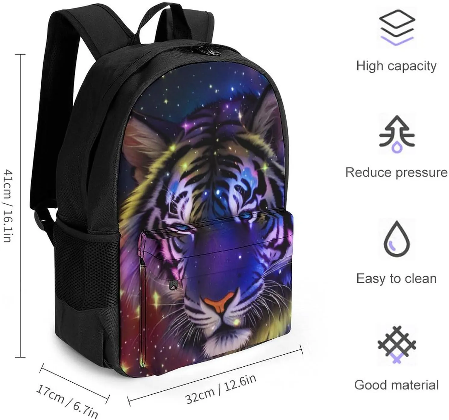 Mystic Fantasy Galaxy Sky Fantasy Wild Animals Tiger Art Rucksacks Polyester Anti-Theft Multipurpose Carry On Bag Large Capacity Gym Outdoor Hiking Backpack With Smooth Zippers