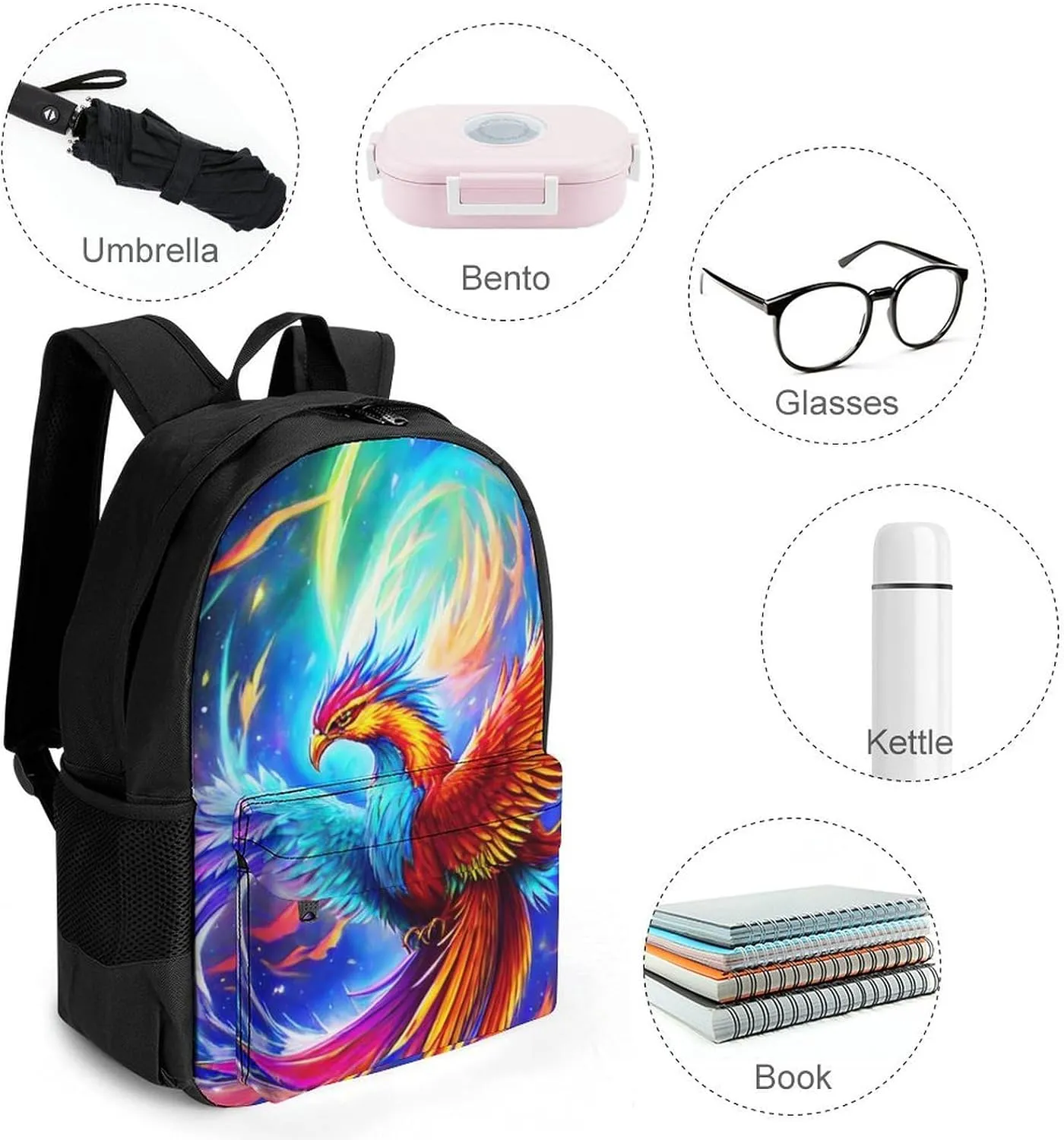 Mythical Red And Blue Fire Phoenix Bird Art Rucksacks Polyester Anti-Theft Multipurpose Carry On Bag Large Capacity Gym Outdoor Hiking Backpack With Smooth Zippers