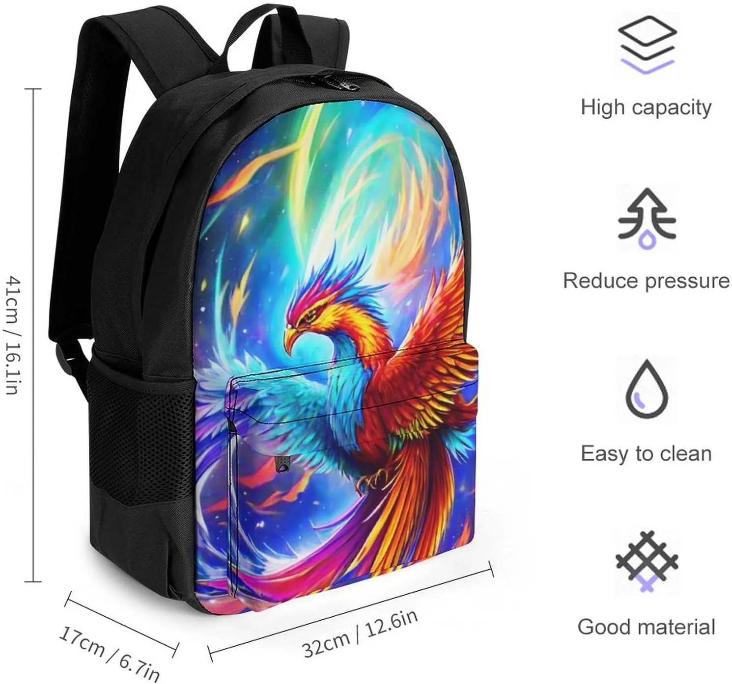 Mythical Red And Blue Fire Phoenix Bird Art Rucksacks Polyester Anti-Theft Multipurpose Carry On Bag Large Capacity Gym Outdoor Hiking Backpack With Smooth Zippers