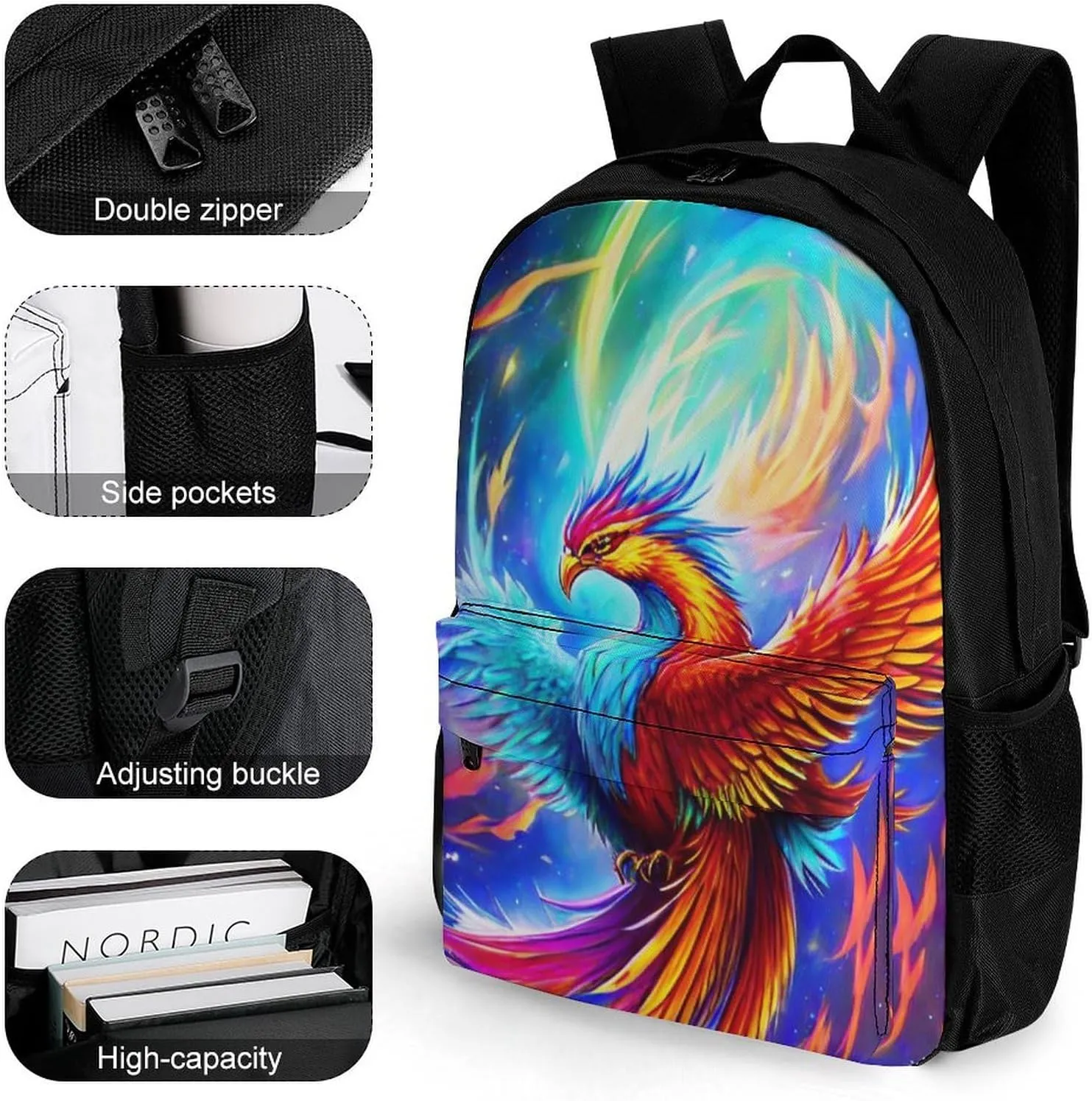 Mythical Red And Blue Fire Phoenix Bird Art Rucksacks Polyester Anti-Theft Multipurpose Carry On Bag Large Capacity Gym Outdoor Hiking Backpack With Smooth Zippers