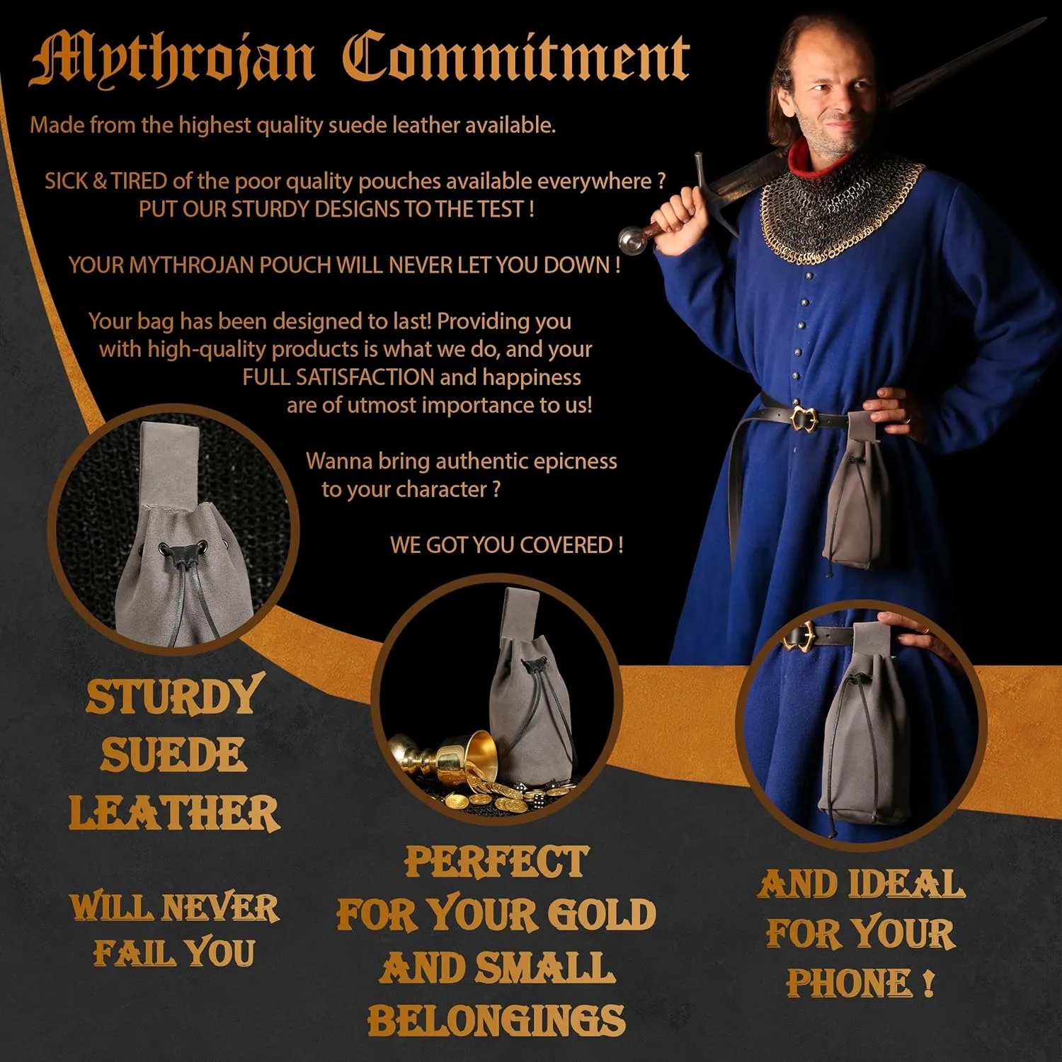 Mythrojan Medieval Drawstring Belt Bag, Ideal for SCA LARP Reenactment & Ren Fair