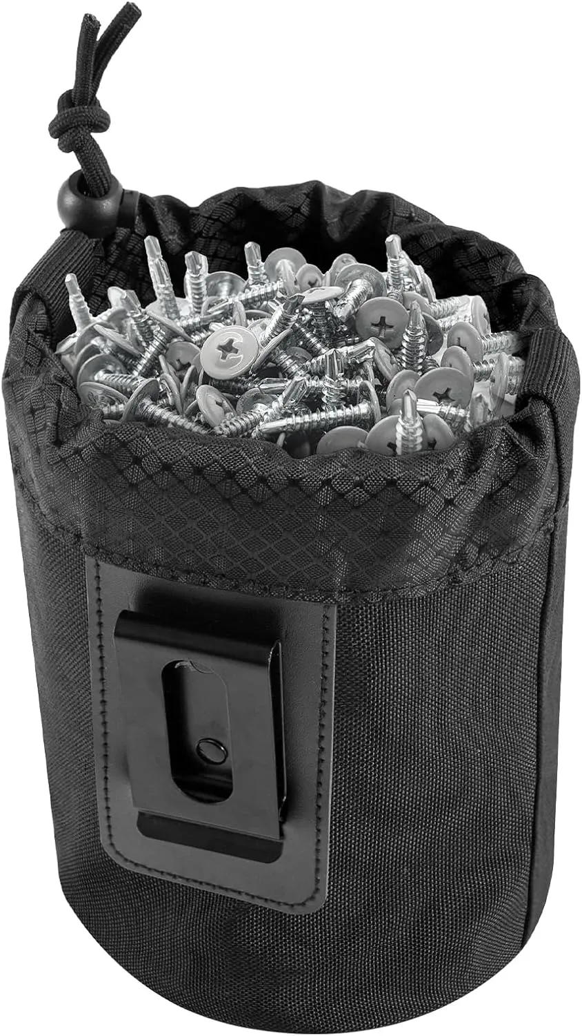 Nail/Screw Work Pouch，Tightening Soft Bag with Drawstring Metal Clip-On Tool Pouch for Tools Screws and Nails,Ideal for Electrician Plumber Carpenter Contractor Handy Man and Any Tradesperson