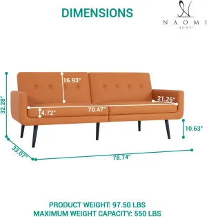 Naomi Home Monica Leather Futon Sofa Convertible Couch Bed Split Back Premium Air Leather Sleeper Couch Sofa for Living Room Mid Century Modern Fold Out Bed with Tapered Legs - Air