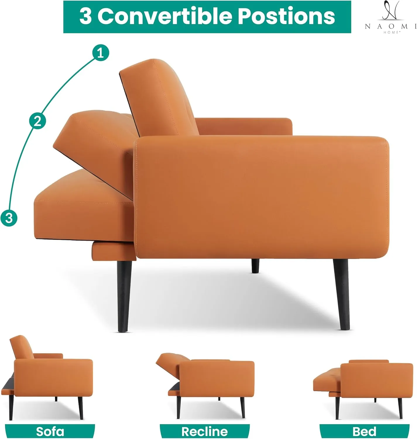 Naomi Home Monica Leather Futon Sofa Convertible Couch Bed Split Back Premium Air Leather Sleeper Couch Sofa for Living Room Mid Century Modern Fold Out Bed with Tapered Legs - Air