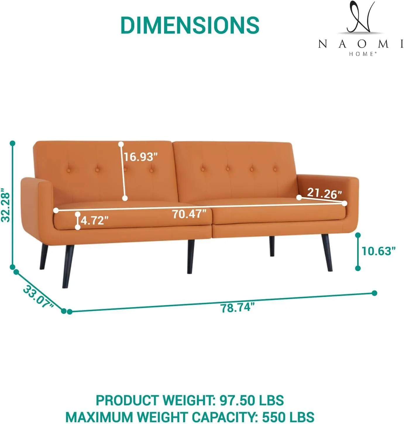 Naomi Home Monica Leather Futon Sofa Convertible Couch Bed Split Back Premium Air Leather Sleeper Couch Sofa for Living Room Mid Century Modern Fold Out Bed with Tapered Legs - Air