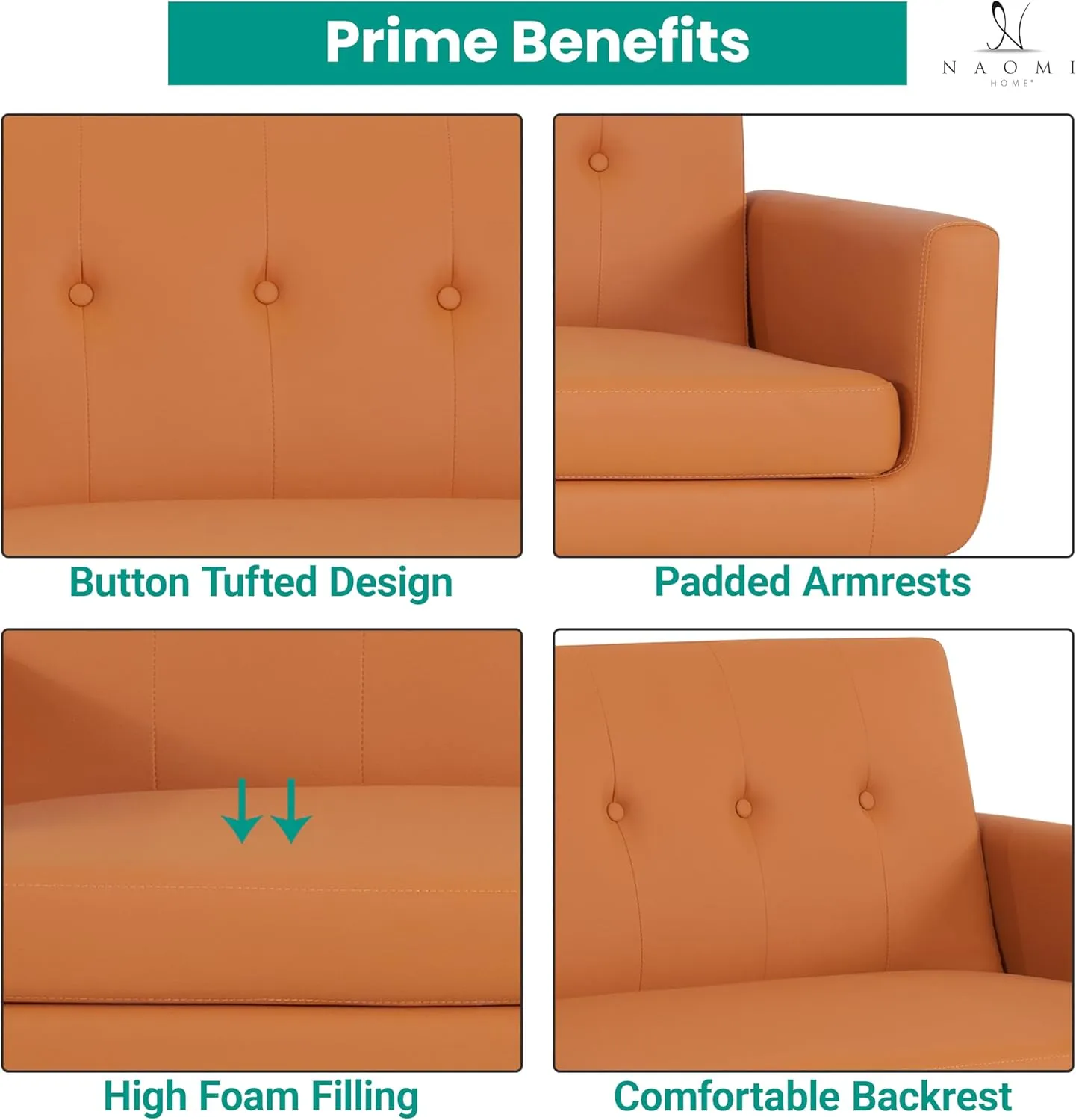 Naomi Home Monica Leather Futon Sofa Convertible Couch Bed Split Back Premium Air Leather Sleeper Couch Sofa for Living Room Mid Century Modern Fold Out Bed with Tapered Legs - Air