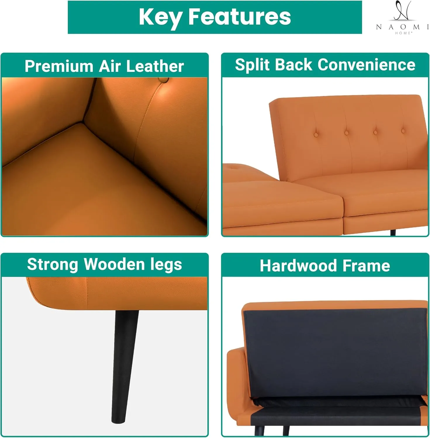 Naomi Home Monica Leather Futon Sofa Convertible Couch Bed Split Back Premium Air Leather Sleeper Couch Sofa for Living Room Mid Century Modern Fold Out Bed with Tapered Legs - Air