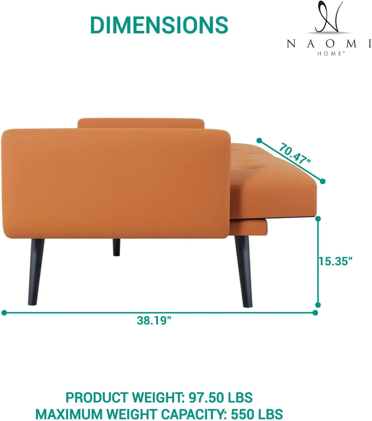 Naomi Home Monica Leather Futon Sofa Convertible Couch Bed Split Back Premium Air Leather Sleeper Couch Sofa for Living Room Mid Century Modern Fold Out Bed with Tapered Legs - Air