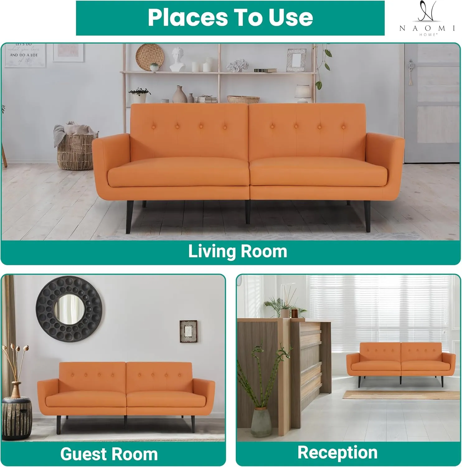 Naomi Home Monica Leather Futon Sofa Convertible Couch Bed Split Back Premium Air Leather Sleeper Couch Sofa for Living Room Mid Century Modern Fold Out Bed with Tapered Legs - Air