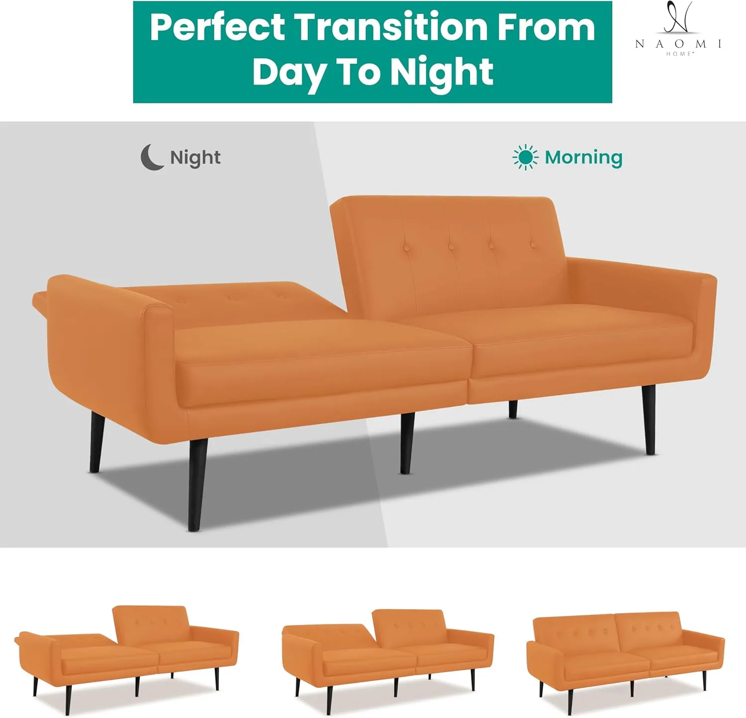 Naomi Home Monica Leather Futon Sofa Convertible Couch Bed Split Back Premium Air Leather Sleeper Couch Sofa for Living Room Mid Century Modern Fold Out Bed with Tapered Legs - Air