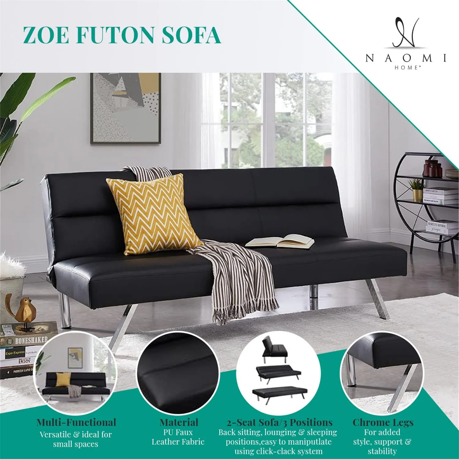 Naomi Home Zoe Futon Sofa Bed, Espresso, Faux Leather, 68.9" L x 31.80" W x 30.7" H