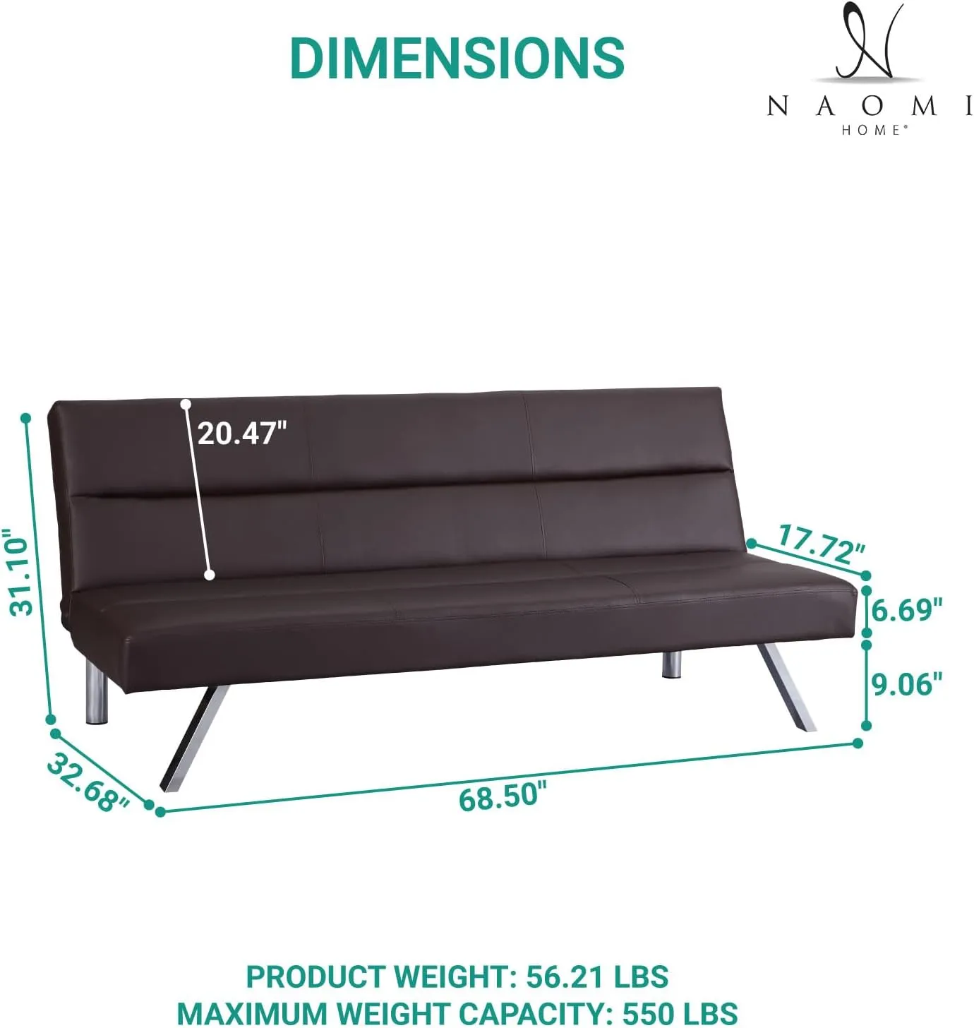 Naomi Home Zoe Futon Sofa Bed, Espresso, Faux Leather, 68.9" L x 31.80" W x 30.7" H