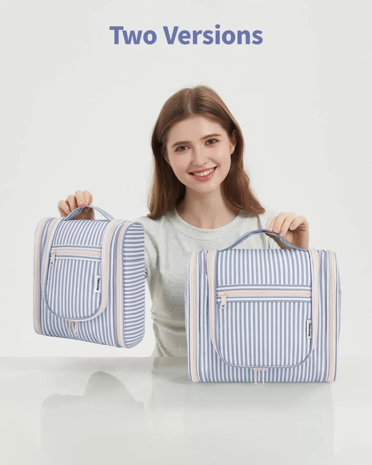 Narwey Small Striped Hanging Travel Toiletry Bag for Women, Travel Bag for Toiletries, Makeup Bag Organizer Cosmetic Bags Make Up Bags for Women (Greyish Blue Stripe)