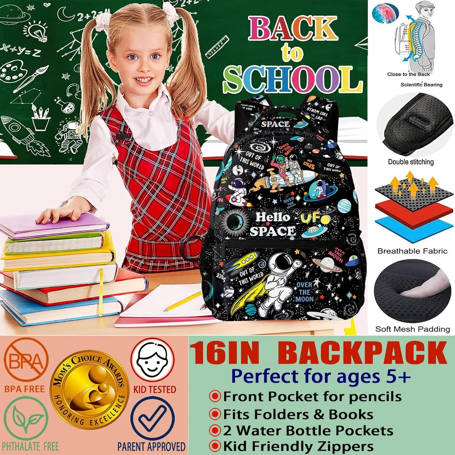 NASIAN Space Astronaut Rocket School Backpack for Boys Kids Girls Adjustable Strap Waterproof 16 inch School BookBag Outdoor Daypack Gifts