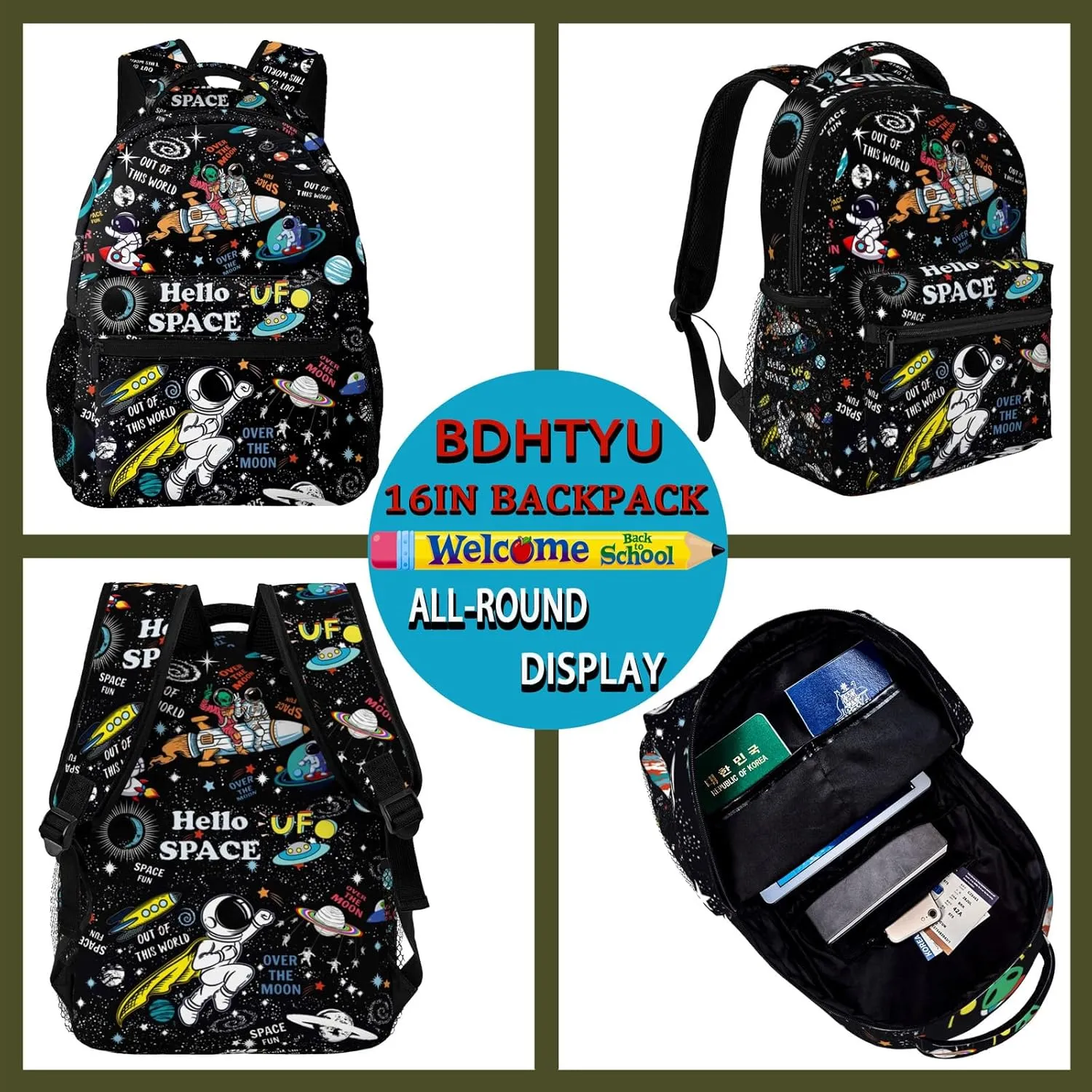 NASIAN Space Astronaut Rocket School Backpack for Boys Kids Girls Adjustable Strap Waterproof 16 inch School BookBag Outdoor Daypack Gifts