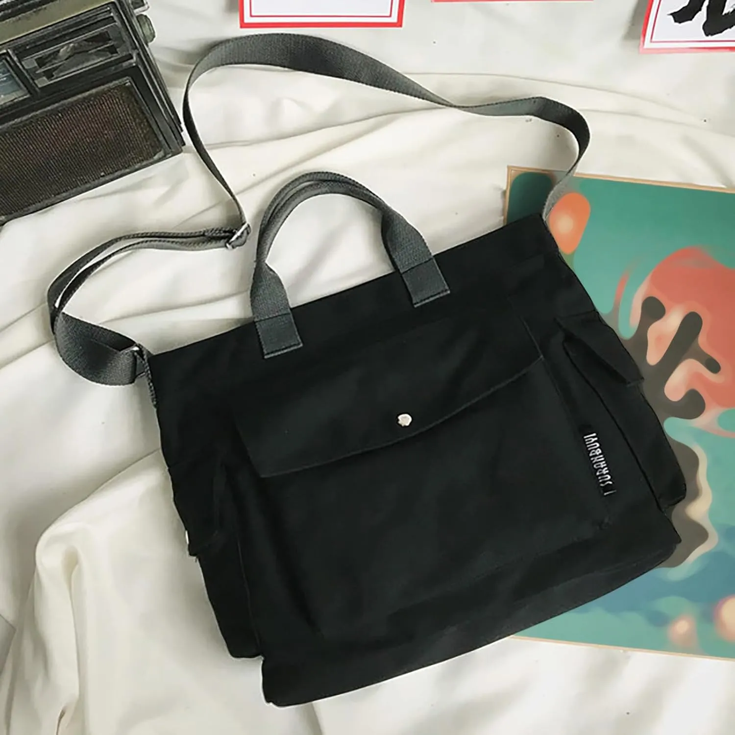 New Canvas Solid Color Simple Fashion One Shoulder Messenger Bag Bag for Men Shoulder Bags (Black, One Size)