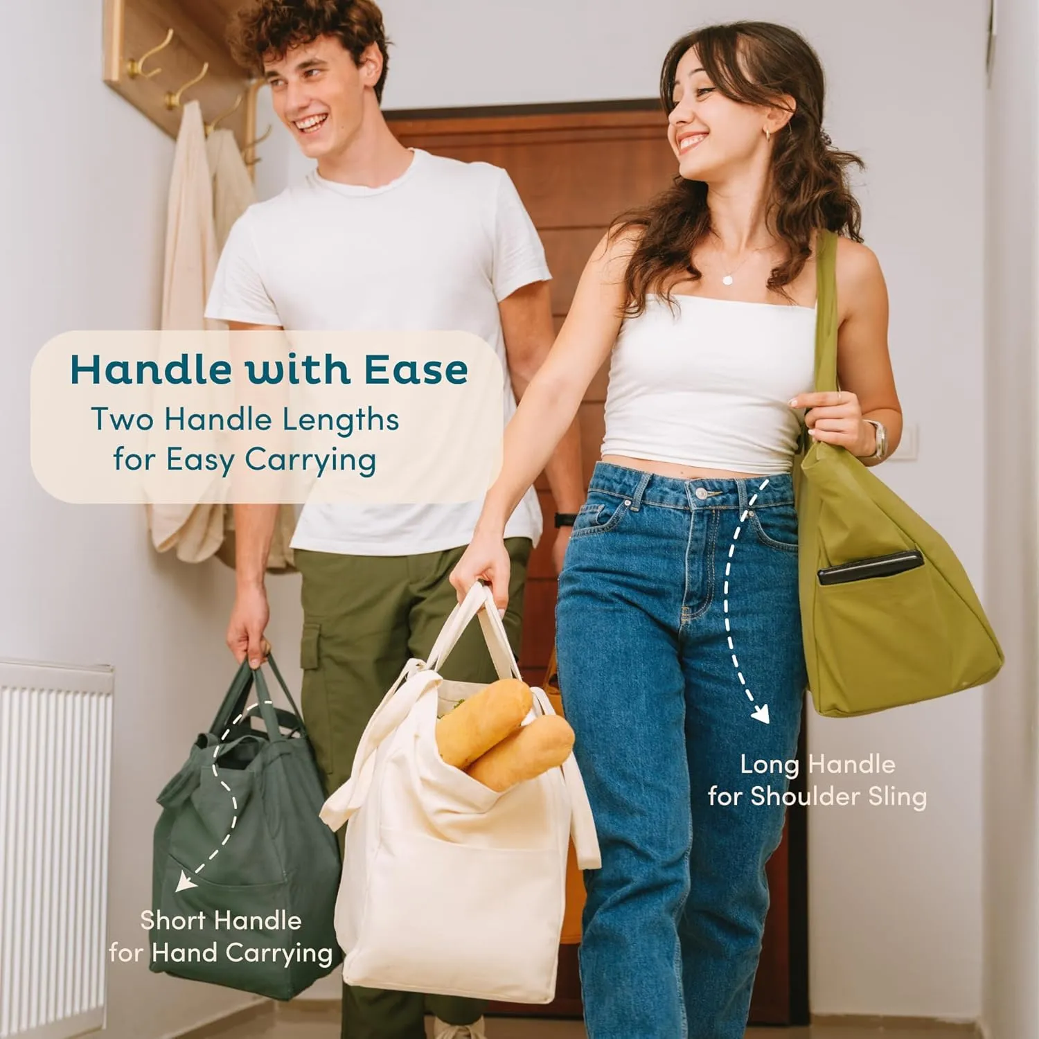 Nook Theory 3 Pcs Reusable Grocery Bags - Heavy Duty Canvas Bags, Large Reusable Shopping Bag, Picnic, 100% Cotton (Ocean)