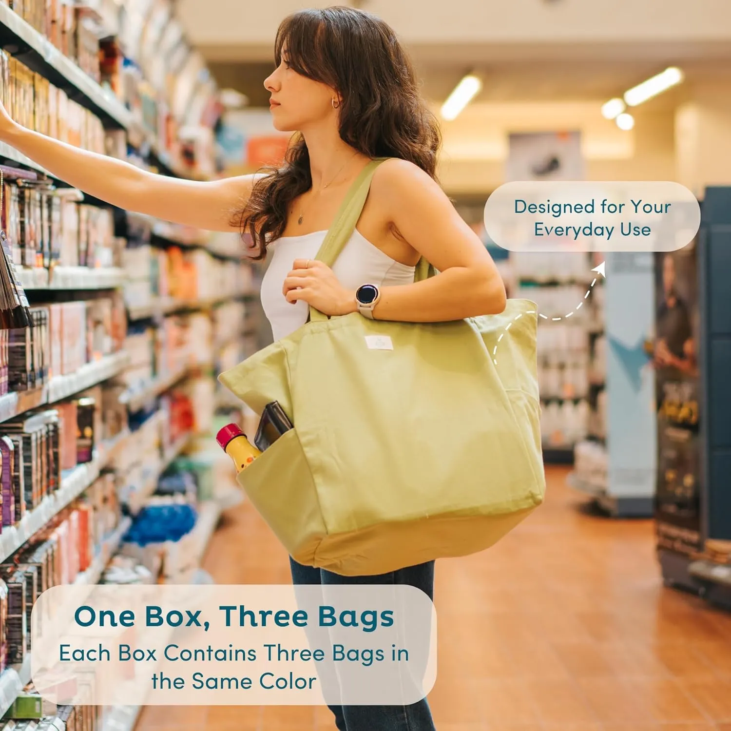 Nook Theory 3 Pcs Reusable Grocery Bags - Heavy Duty Canvas Bags, Large Reusable Shopping Bag, Picnic, 100% Cotton (Ocean)