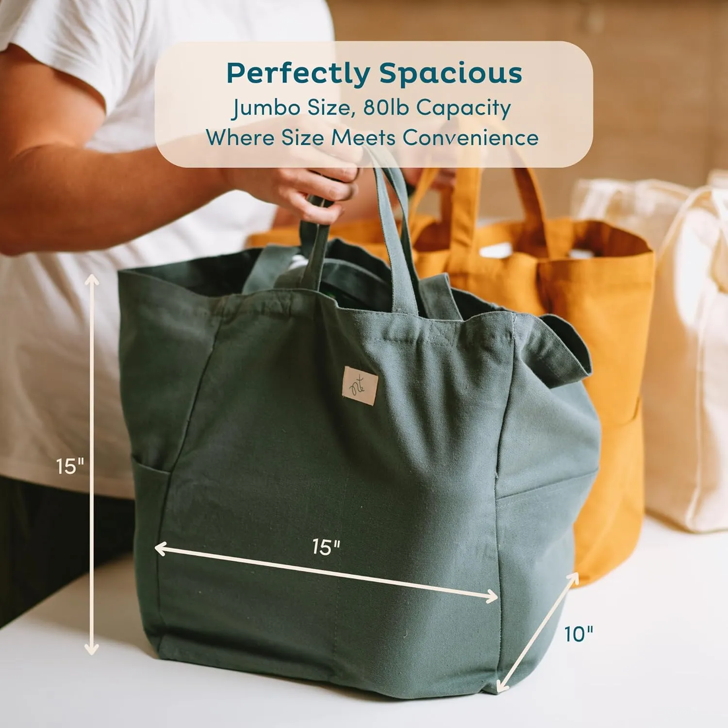 Nook Theory 3 Pcs Reusable Grocery Bags - Heavy Duty Canvas Bags, Large Reusable Shopping Bag, Picnic, 100% Cotton (Ocean)