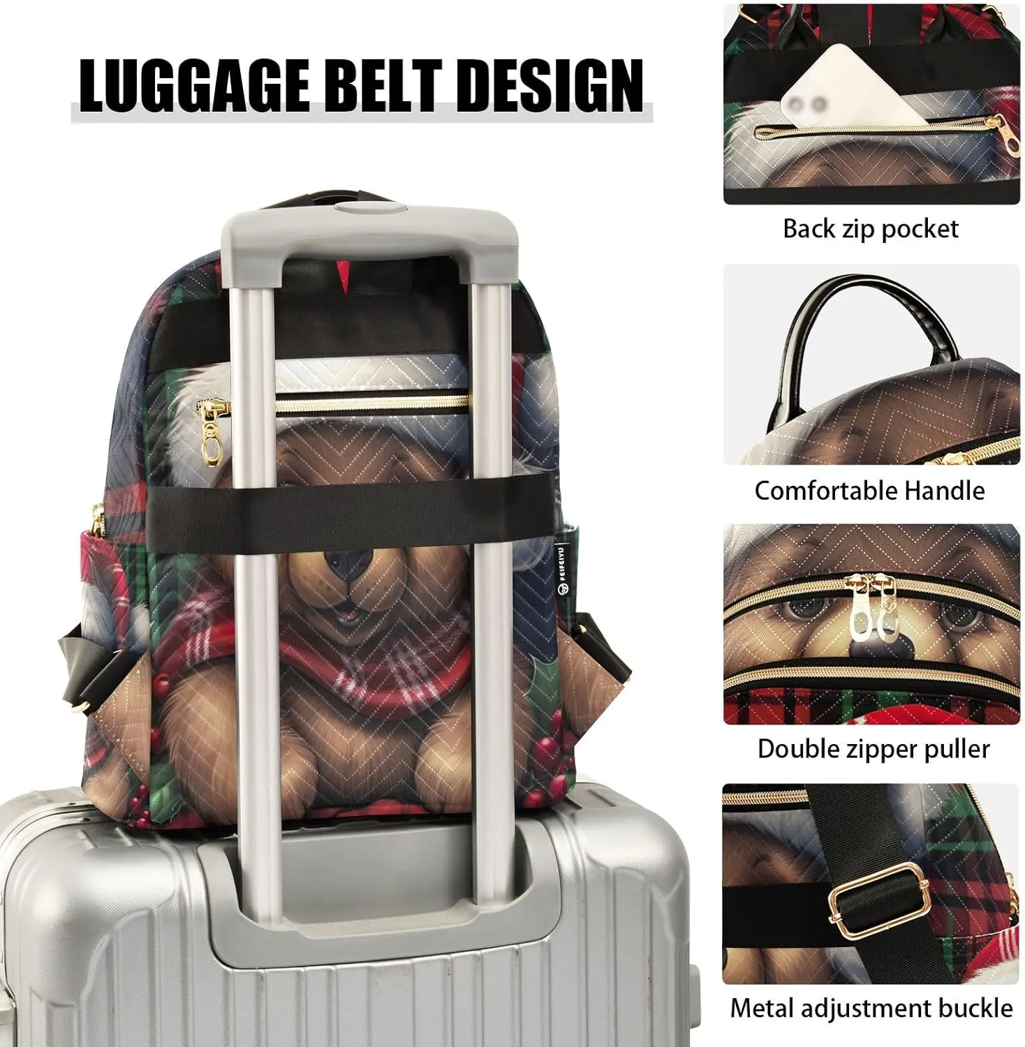ODAWA Bear Christmas Hat on Plaid Small Purse Backpack for Women Quilted Backpack Purse for Women