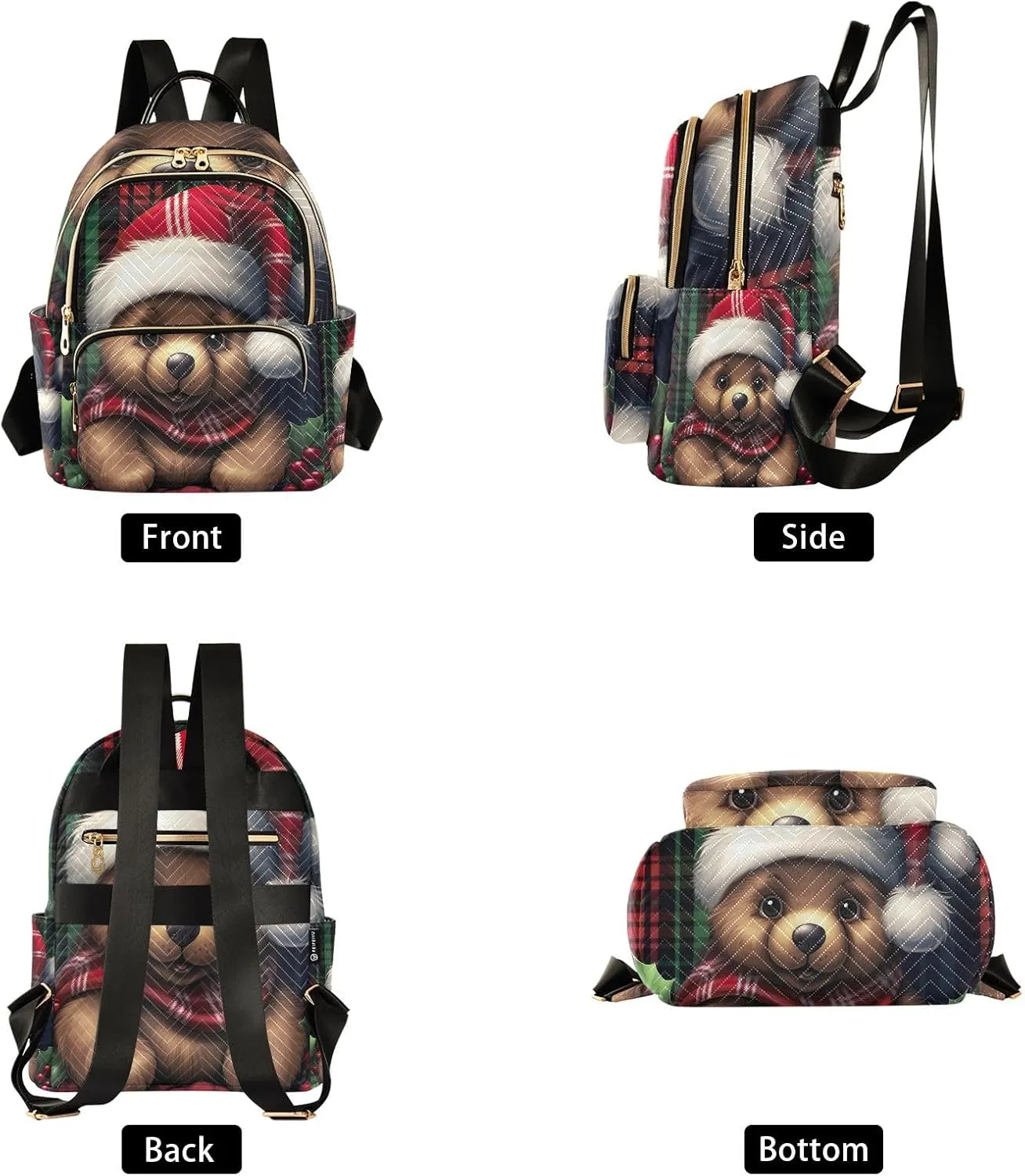 ODAWA Bear Christmas Hat on Plaid Small Purse Backpack for Women Quilted Backpack Purse for Women
