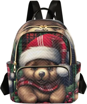 ODAWA Bear Christmas Hat on Plaid Small Purse Backpack for Women Quilted Backpack Purse for Women