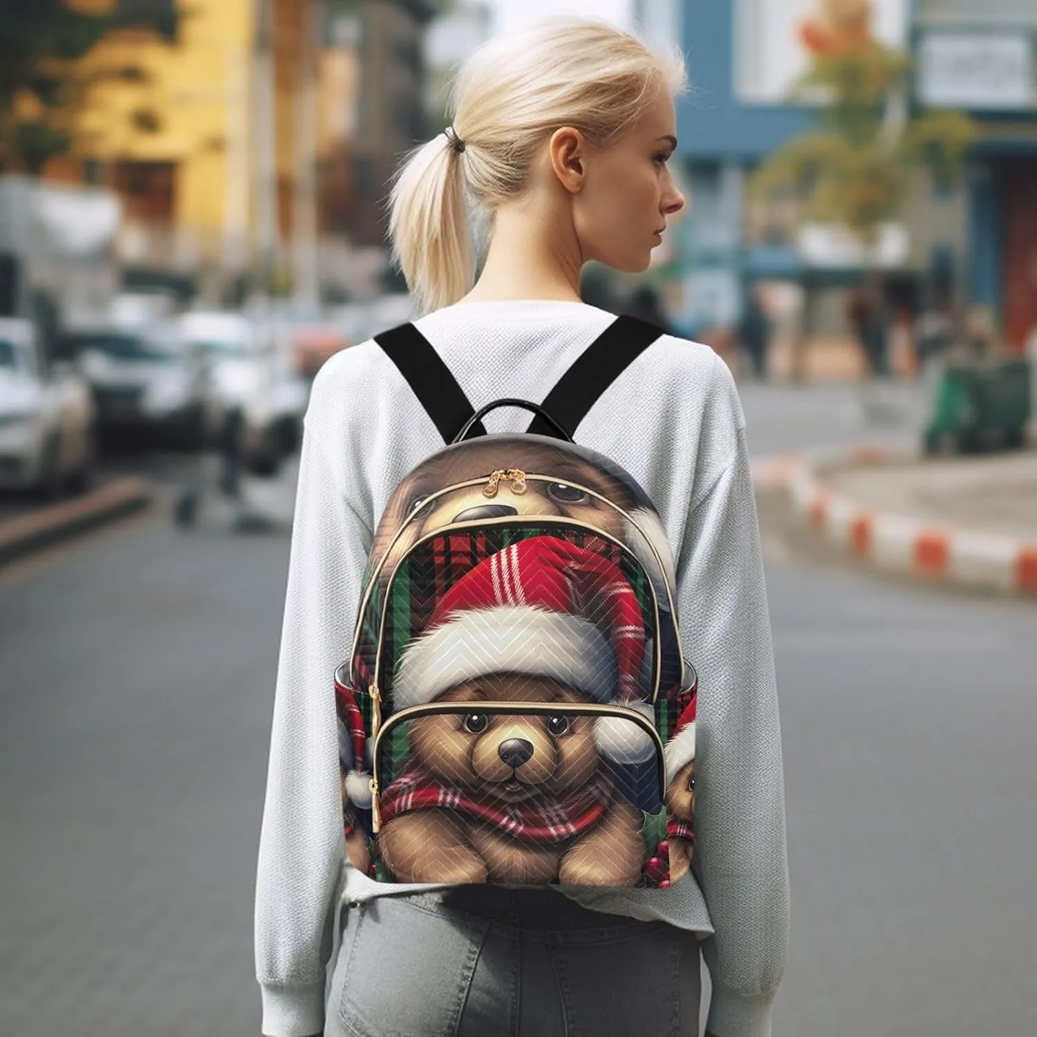 ODAWA Bear Christmas Hat on Plaid Small Purse Backpack for Women Quilted Backpack Purse for Women