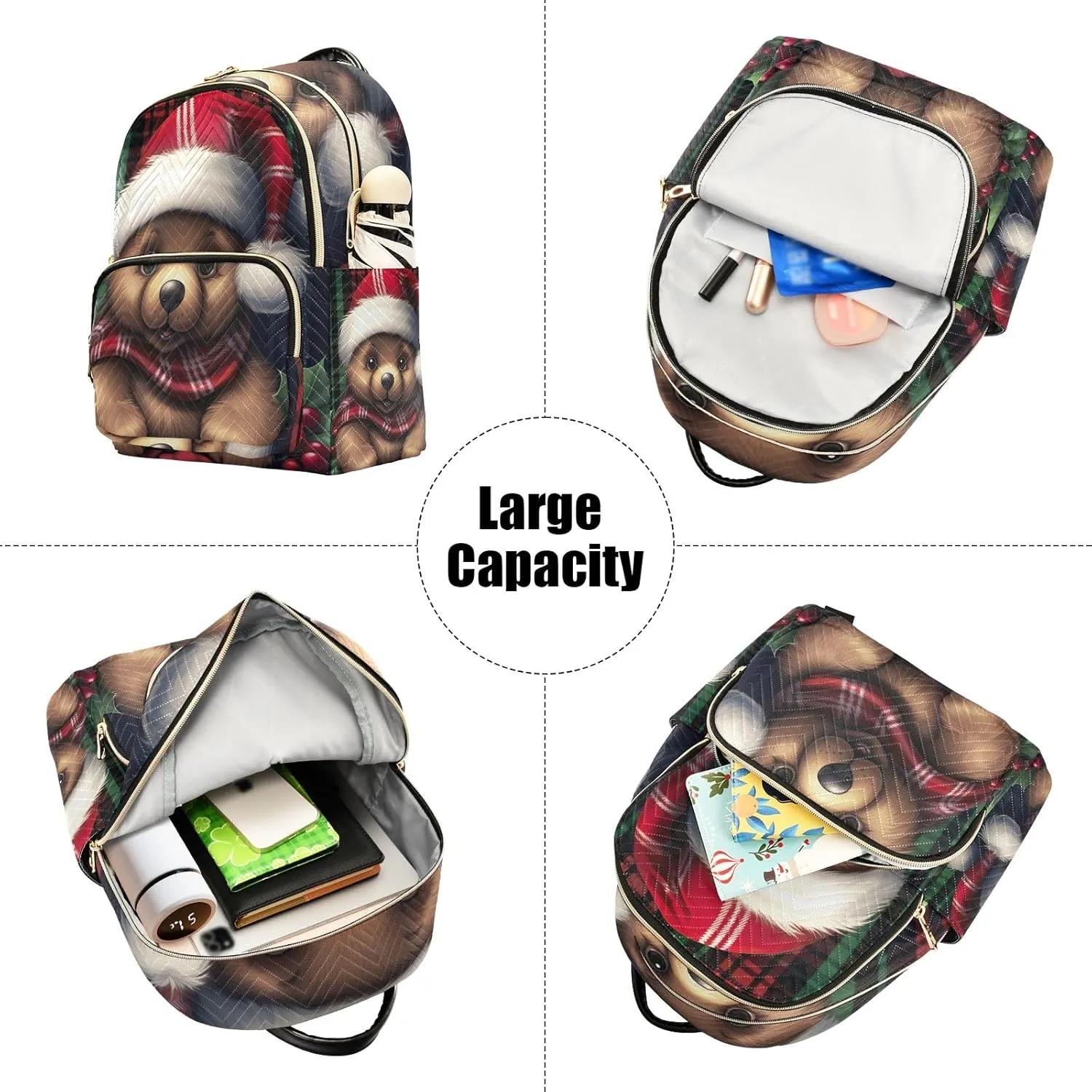 ODAWA Bear Christmas Hat on Plaid Small Purse Backpack for Women Quilted Backpack Purse for Women